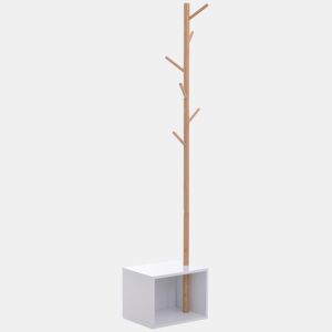 HOMCOM Cabide de Pé com Sapateira Cabide Tipo Árvore Moderno 6 Ganchos para Pendurar Roupa Malas Banco com Arrumação Corredor de Entrada Bambu 40x30x180cm