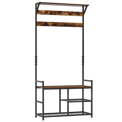 HOMCOM Móvel Cabide de Entrada com 3 Prateleiras 9 Ganchos Armário de Entrada com Cabides de Estilo Industrial 84x34,5x180cm Marrom e Preto