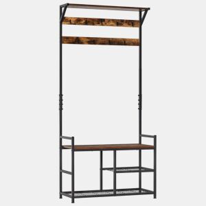 HOMCOM Móvel Cabide de Entrada com 3 Prateleiras 9 Ganchos Armário de Entrada com Cabides de Estilo Industrial 84x34,5x180cm Marrom e Preto