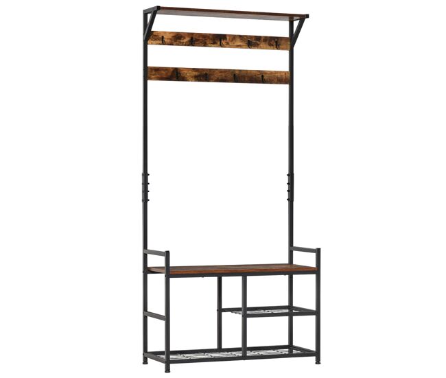 Homcom perchero con zapatero perchero de entrada recibidor con 3 estantes 9 ganchos patas ajustables estilo industrial para pasillo dormitorio 84x34,5x180 cm color negro marrón