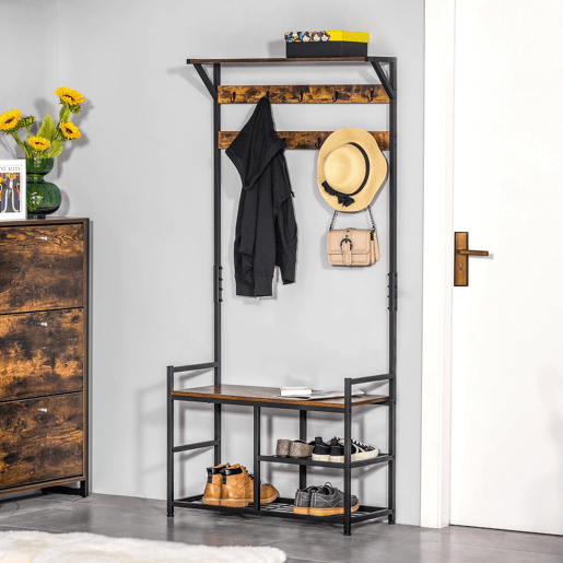HOMCOM Móvel Cabide de Entrada com 3 Prateleiras 9 Ganchos Armário de Entrada com Cabides de Estilo Industrial 84x34,5x180cm Marrom e Preto