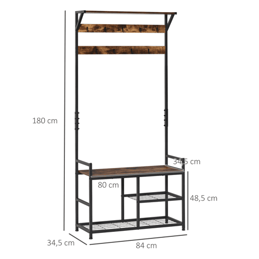 HOMCOM Móvel Cabide de Entrada com 3 Prateleiras 9 Ganchos Armário de Entrada com Cabides de Estilo Industrial 84x34,5x180cm Marrom e Preto