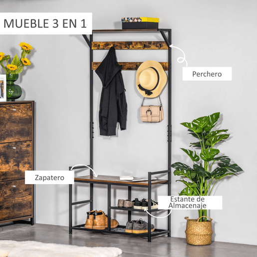 HOMCOM Móvel Cabide de Entrada com 3 Prateleiras 9 Ganchos Armário de Entrada com Cabides de Estilo Industrial 84x34,5x180cm Marrom e Preto