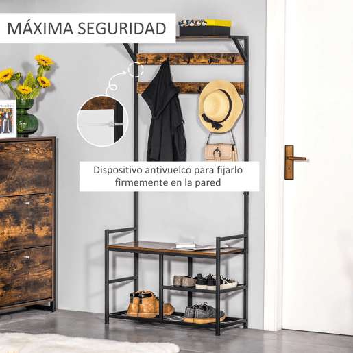 HOMCOM Móvel Cabide de Entrada com 3 Prateleiras 9 Ganchos Armário de Entrada com Cabides de Estilo Industrial 84x34,5x180cm Marrom e Preto