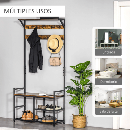 HOMCOM Móvel Cabide de Entrada com 3 Prateleiras 9 Ganchos Armário de Entrada com Cabides de Estilo Industrial 84x34,5x180cm Marrom e Preto