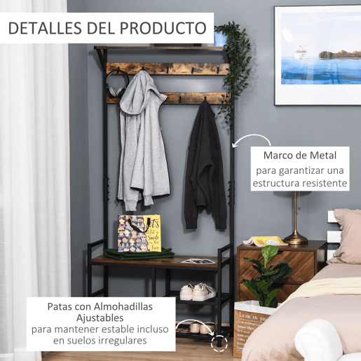 HOMCOM Móvel Cabide de Entrada com 3 Prateleiras 9 Ganchos Armário de Entrada com Cabides de Estilo Industrial 84x34,5x180cm Marrom e Preto
