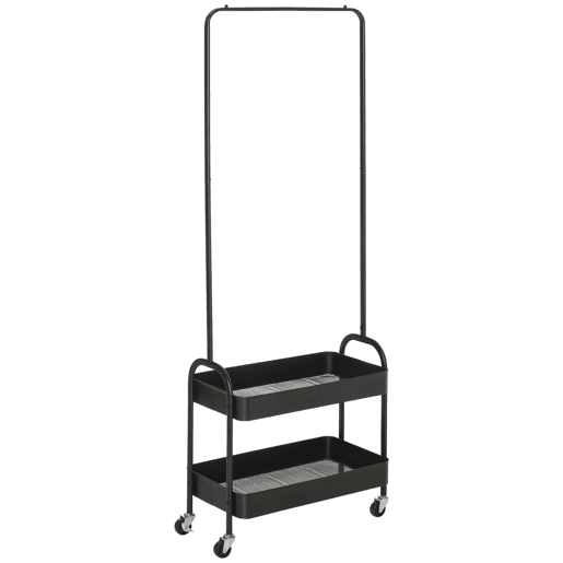 HOMCOM Charriot com Sapateiro Charriot com Rodas Barra de Pendurar e 2 Cestos para Entrada Dormitório Sala de Estar 56,5x31,5x152,5cm Preto