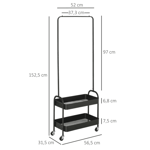 HOMCOM Charriot com Sapateiro Charriot com Rodas Barra de Pendurar e 2 Cestos para Entrada Dormitório Sala de Estar 56,5x31,5x152,5cm Preto