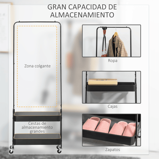 HOMCOM Charriot com Sapateiro Charriot com Rodas Barra de Pendurar e 2 Cestos para Entrada Dormitório Sala de Estar 56,5x31,5x152,5cm Preto