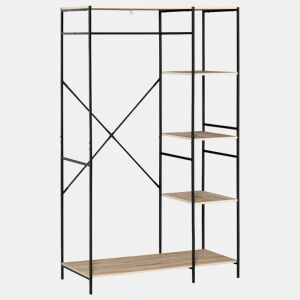 HOMCOM Suporte para Cabides Cabideiro de Madeira com 4 Prateleiras de Arrumação e Barra de Pendurar Carga Máxima 30kg para Dormitório Entrada 100x46x170,5cm Madeira e Preto