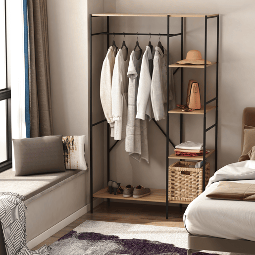 HOMCOM Suporte para Cabides Cabideiro de Madeira com 4 Prateleiras de Arrumação e Barra de Pendurar Carga Máxima 30kg para Dormitório Entrada 100x46x170,5cm Madeira e Preto