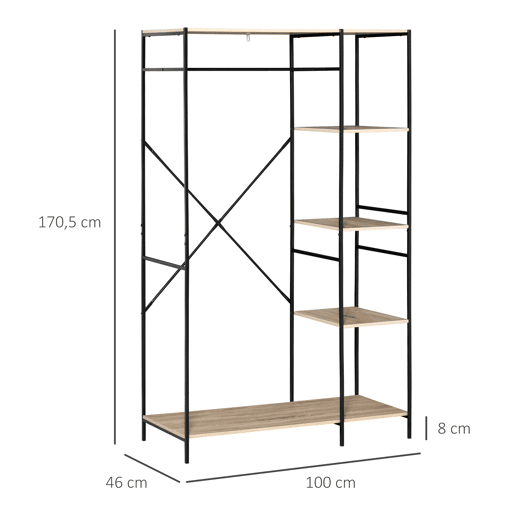 HOMCOM Suporte para Cabides Cabideiro de Madeira com 4 Prateleiras de Arrumação e Barra de Pendurar Carga Máxima 30kg para Dormitório Entrada 100x46x170,5cm Madeira e Preto