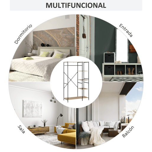 HOMCOM Suporte para Cabides Cabideiro de Madeira com 4 Prateleiras de Arrumação e Barra de Pendurar Carga Máxima 30kg para Dormitório Entrada 100x46x170,5cm Madeira e Preto