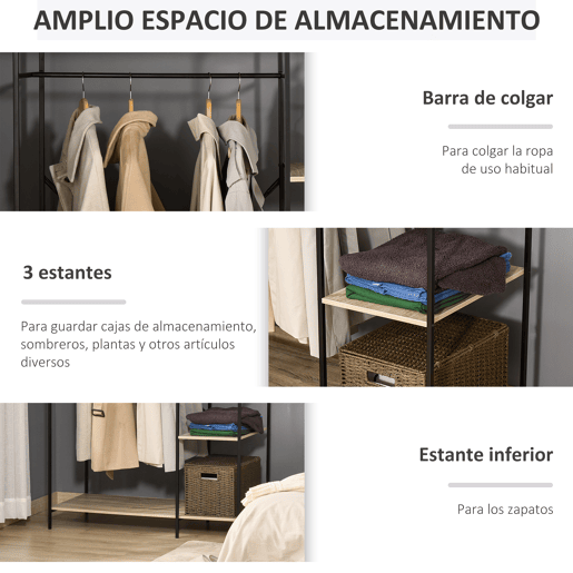 HOMCOM Suporte para Cabides Cabideiro de Madeira com 4 Prateleiras de Arrumação e Barra de Pendurar Carga Máxima 30kg para Dormitório Entrada 100x46x170,5cm Madeira e Preto