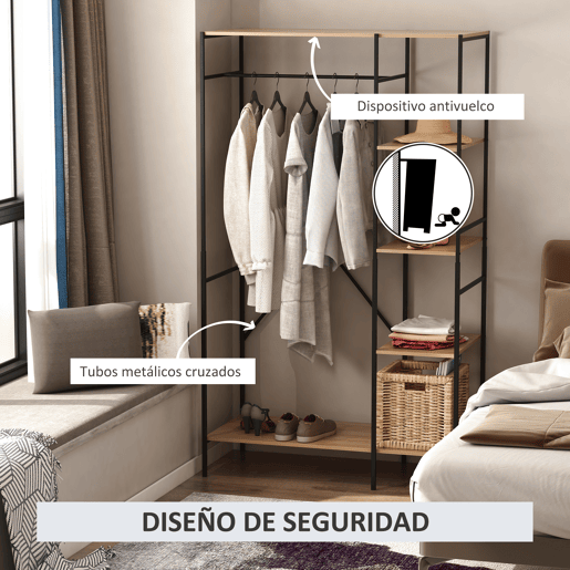 HOMCOM Suporte para Cabides Cabideiro de Madeira com 4 Prateleiras de Arrumação e Barra de Pendurar Carga Máxima 30kg para Dormitório Entrada 100x46x170,5cm Madeira e Preto