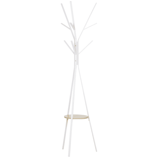 HOMCOM Cabide de Pé Metálico para Pendurar Roupa Bolsas com 9 Ganchos e Prateleira Cabide de Pé Moderno 45x45x180 cm Branco
