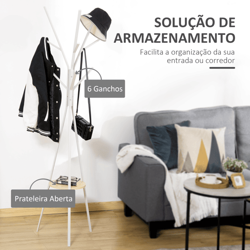 HOMCOM Cabide de Pé Metálico para Pendurar Roupa Bolsas com 9 Ganchos e Prateleira Cabide de Pé Moderno 45x45x180 cm Branco