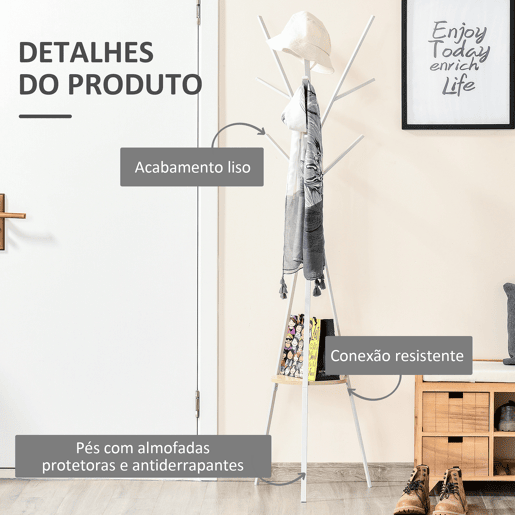 HOMCOM Cabide de Pé Metálico para Pendurar Roupa Bolsas com 9 Ganchos e Prateleira Cabide de Pé Moderno 45x45x180 cm Branco