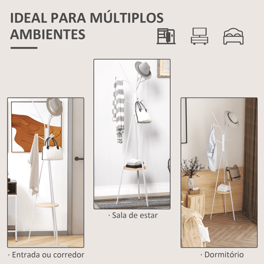 HOMCOM Cabide de Pé Metálico para Pendurar Roupa Bolsas com 9 Ganchos e Prateleira Cabide de Pé Moderno 45x45x180 cm Branco