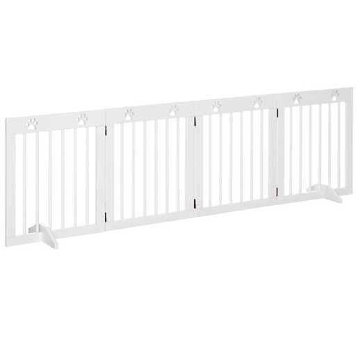 PawHut Grade Plegável para Cães com 4 Painéis 204x61 cm, Barreira de Segurança para Cães Pequenos com Estrutura em Madeira e Pés de Apoio, Cor Branca