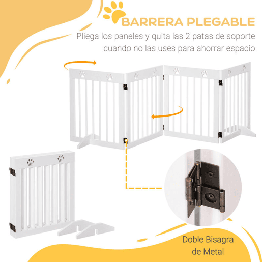 PawHut Grade Plegável para Cães com 4 Painéis 204x61 cm, Barreira de Segurança para Cães Pequenos com Estrutura em Madeira e Pés de Apoio, Cor Branca