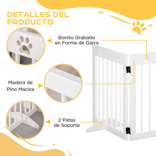 PawHut Grade Plegável para Cães com 4 Painéis 204x61 cm, Barreira de Segurança para Cães Pequenos com Estrutura em Madeira e Pés de Apoio, Cor Branca