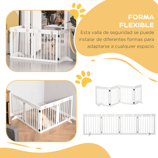 PawHut Grade Plegável para Cães com 4 Painéis 204x61 cm, Barreira de Segurança para Cães Pequenos com Estrutura em Madeira e Pés de Apoio, Cor Branca