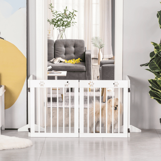 PawHut Grade Plegável para Cães com 4 Painéis 204x61 cm, Barreira de Segurança para Cães Pequenos com Estrutura em Madeira e Pés de Apoio, Cor Branca