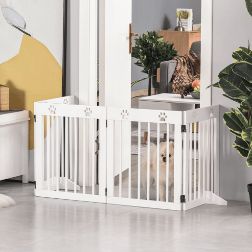 PawHut Grade Plegável para Cães com 4 Painéis 204x61 cm, Barreira de Segurança para Cães Pequenos com Estrutura em Madeira e Pés de Apoio, Cor Branca