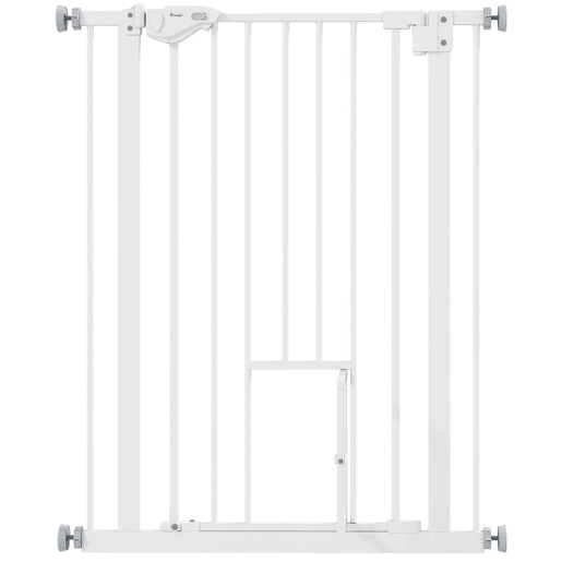 PawHut Barreira de Segurança para Cães Animais de Estimação 74-100cm para Escadas Portas e Corredores com Porta para Gatos Fechamento Automático e Sistema de Duplo Bloqueio Altura 91,4cm Branco