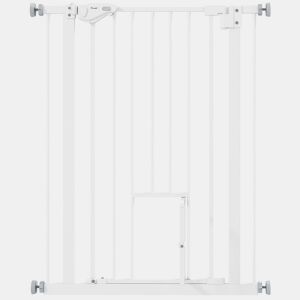 PawHut Barreira de Segurança para Cães Animais de Estimação 74-100cm para Escadas Portas e Corredores com Porta para Gatos Fechamento Automático e Sistema de Duplo Bloqueio Altura 91,4cm Branco