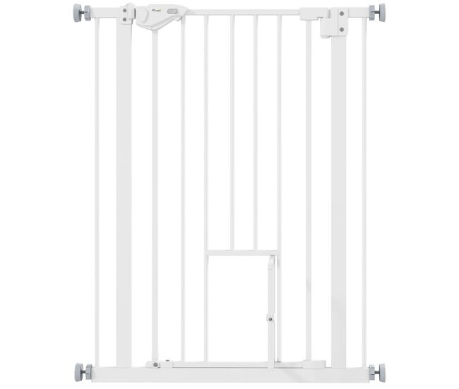 Pawhut barrera de seguridad para perros barrera para mascotas extensible con puerta pequeño cierre automático y sistema de doble bloqueo para puerta pasillo escalera 74-80x91,4 cm blanco