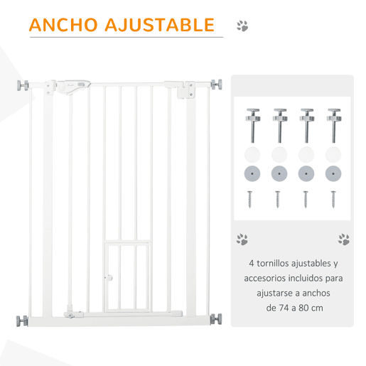 PawHut Barreira de Segurança para Cães Animais de Estimação 74-100cm para Escadas Portas e Corredores com Porta para Gatos Fechamento Automático e Sistema de Duplo Bloqueio Altura 91,4cm Branco