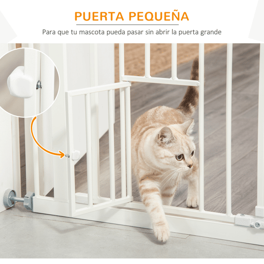 PawHut Barreira de Segurança para Cães Animais de Estimação 74-100cm para Escadas Portas e Corredores com Porta para Gatos Fechamento Automático e Sistema de Duplo Bloqueio Altura 91,4cm Branco