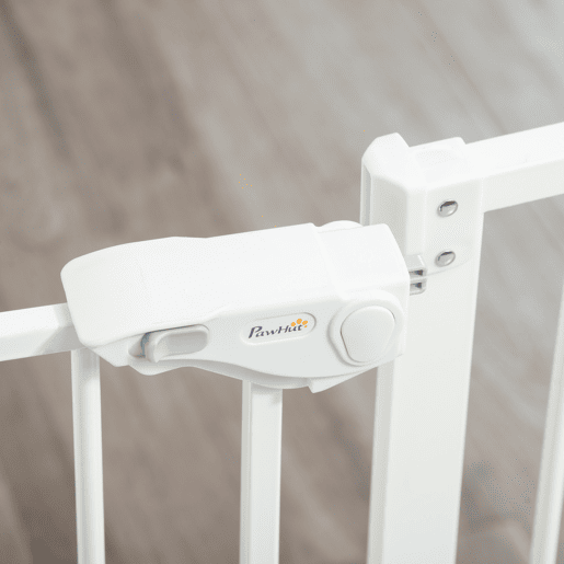 PawHut Barreira de Segurança para Cães Animais de Estimação 74-100cm para Escadas Portas e Corredores com Porta para Gatos Fechamento Automático e Sistema de Duplo Bloqueio Altura 91,4cm Branco