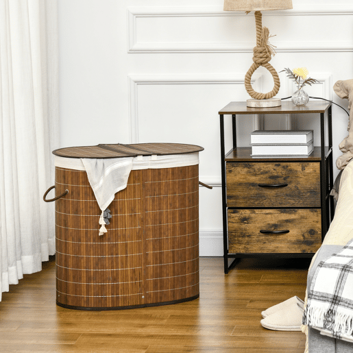 HOMCOM Cesto de Roupa de Bambu Capacidade de 100L Cesto para Roupa Suja com Tampa Rebatível e Bolsa com 2 Compartimentos Amovível 62,5x37x60,5cm Marrom
