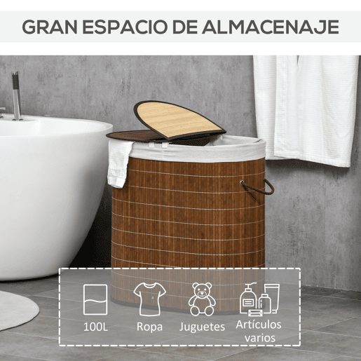 HOMCOM Cesto de Roupa de Bambu Capacidade de 100L Cesto para Roupa Suja com Tampa Rebatível e Bolsa com 2 Compartimentos Amovível 62,5x37x60,5cm Marrom