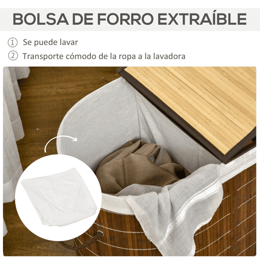 HOMCOM Cesto de Roupa de Bambu Capacidade de 100L Cesto para Roupa Suja com Tampa Rebatível e Bolsa com 2 Compartimentos Amovível 62,5x37x60,5cm Marrom