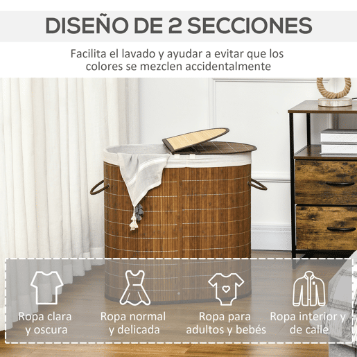 HOMCOM Cesto de Roupa de Bambu Capacidade de 100L Cesto para Roupa Suja com Tampa Rebatível e Bolsa com 2 Compartimentos Amovível 62,5x37x60,5cm Marrom