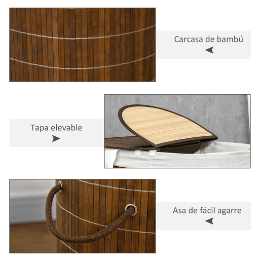 HOMCOM Cesto de Roupa de Bambu Capacidade de 100L Cesto para Roupa Suja com Tampa Rebatível e Bolsa com 2 Compartimentos Amovível 62,5x37x60,5cm Marrom