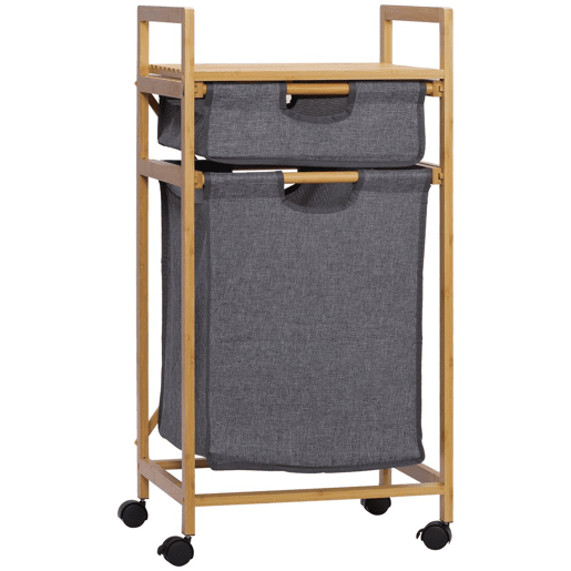 HOMCOM Cesto de Roupa Suja de Bambu Cesto de Roupa com 2 Bolsas de Tecido Amovíveis Prateleira Aberta 2 Alças Laterais 4 Rodas 42x35x84,5cm Cinza e Madeira