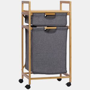 HOMCOM Cesto de Roupa Suja de Bambu Cesto de Roupa com 2 Bolsas de Tecido Amovíveis Prateleira Aberta 2 Alças Laterais 4 Rodas 42x35x84,5cm Cinza e Madeira
