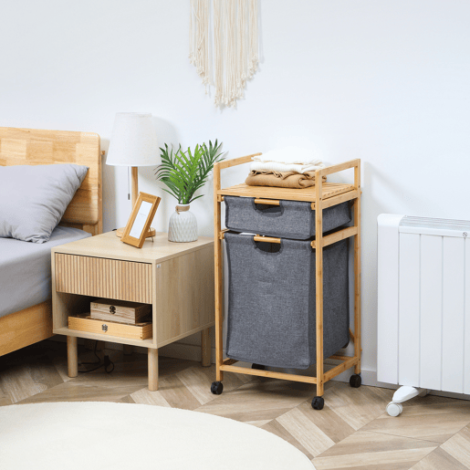 HOMCOM Cesto de Roupa Suja de Bambu Cesto de Roupa com 2 Bolsas de Tecido Amovíveis Prateleira Aberta 2 Alças Laterais 4 Rodas 42x35x84,5cm Cinza e Madeira
