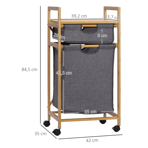 HOMCOM Cesto de Roupa Suja de Bambu Cesto de Roupa com 2 Bolsas de Tecido Amovíveis Prateleira Aberta 2 Alças Laterais 4 Rodas 42x35x84,5cm Cinza e Madeira