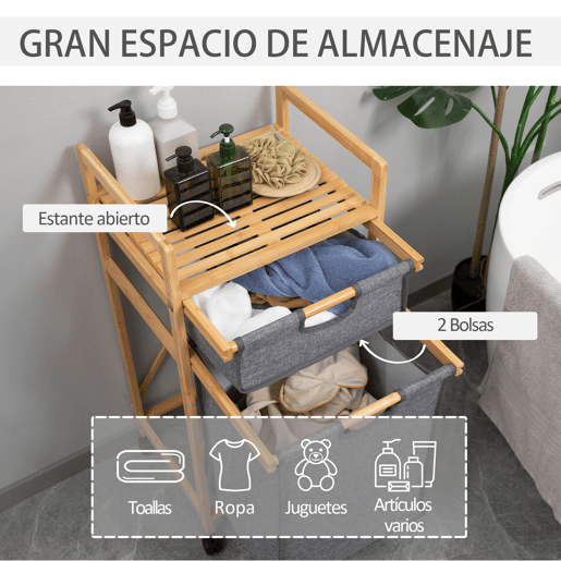 HOMCOM Cesto de Roupa Suja de Bambu Cesto de Roupa com 2 Bolsas de Tecido Amovíveis Prateleira Aberta 2 Alças Laterais 4 Rodas 42x35x84,5cm Cinza e Madeira