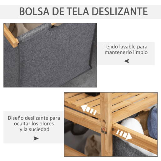HOMCOM Cesto de Roupa Suja de Bambu Cesto de Roupa com 2 Bolsas de Tecido Amovíveis Prateleira Aberta 2 Alças Laterais 4 Rodas 42x35x84,5cm Cinza e Madeira