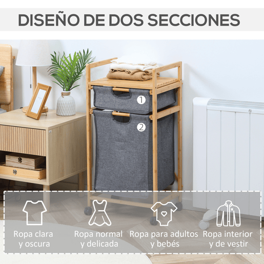 HOMCOM Cesto de Roupa Suja de Bambu Cesto de Roupa com 2 Bolsas de Tecido Amovíveis Prateleira Aberta 2 Alças Laterais 4 Rodas 42x35x84,5cm Cinza e Madeira