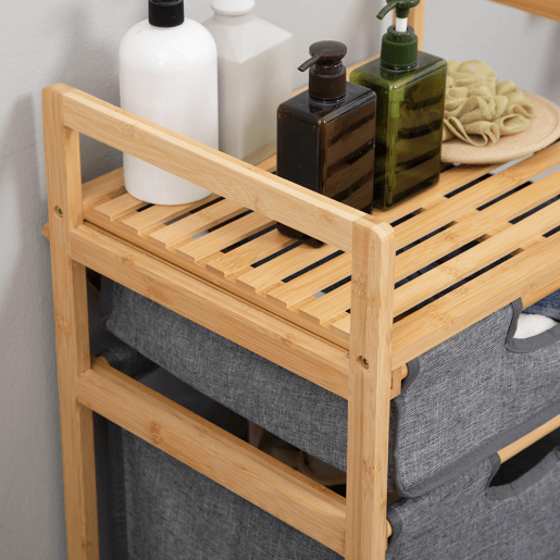 HOMCOM Cesto de Roupa Suja de Bambu Cesto de Roupa com 2 Bolsas de Tecido Amovíveis Prateleira Aberta 2 Alças Laterais 4 Rodas 42x35x84,5cm Cinza e Madeira