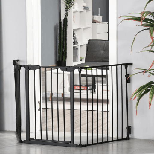 PawHut Barreira de Segurança para Animais de Estimação Barreira Dobrável de 3 Painéis com Fechadura Inteligente para Corredor Escada 180x74,5cm Preto