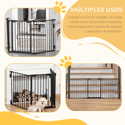 PawHut Barreira de Segurança para Animais de Estimação Barreira Dobrável de 3 Painéis com Fechadura Inteligente para Corredor Escada 180x74,5cm Preto